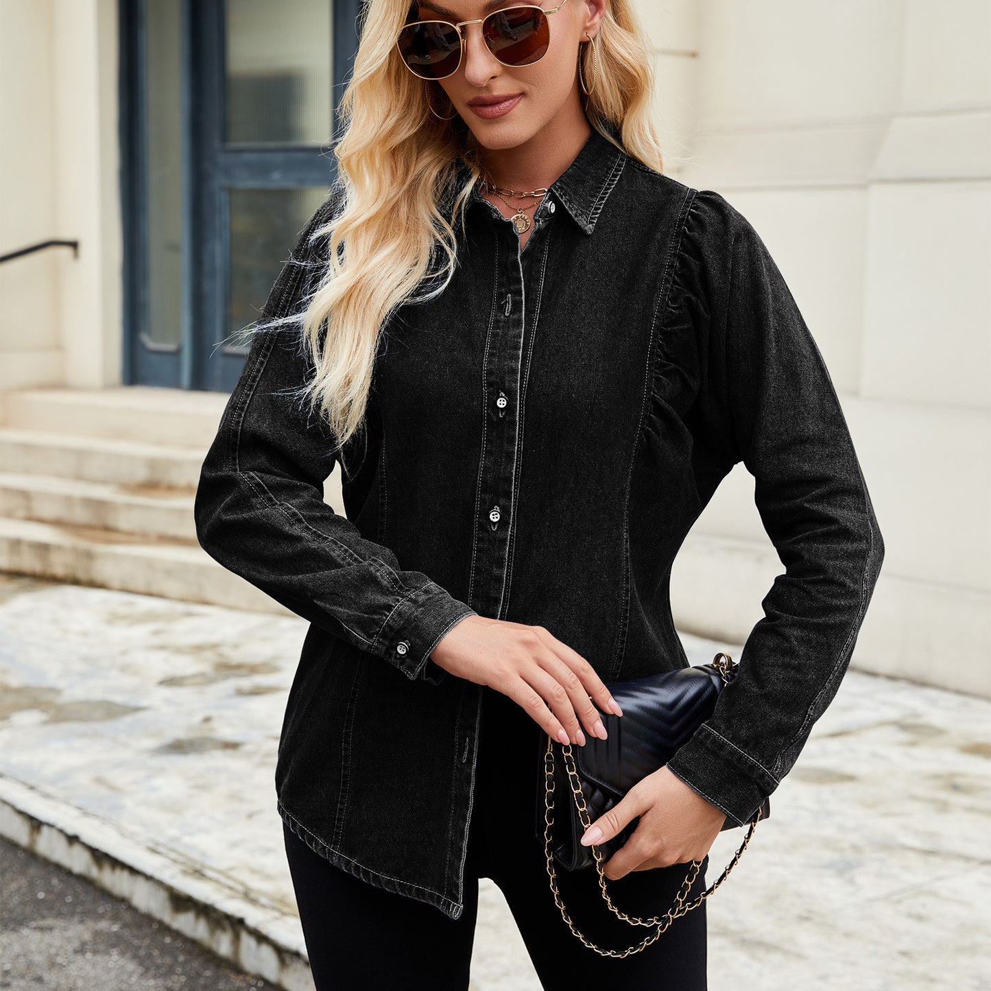 Women's Washed Shrug Denim Long Sleeve Shirt Tops