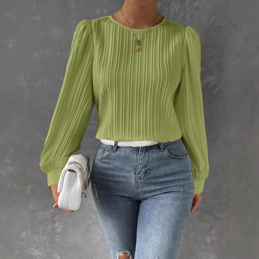 Spring Round Neck Lantern Sleeve Long Solid Color Blouses