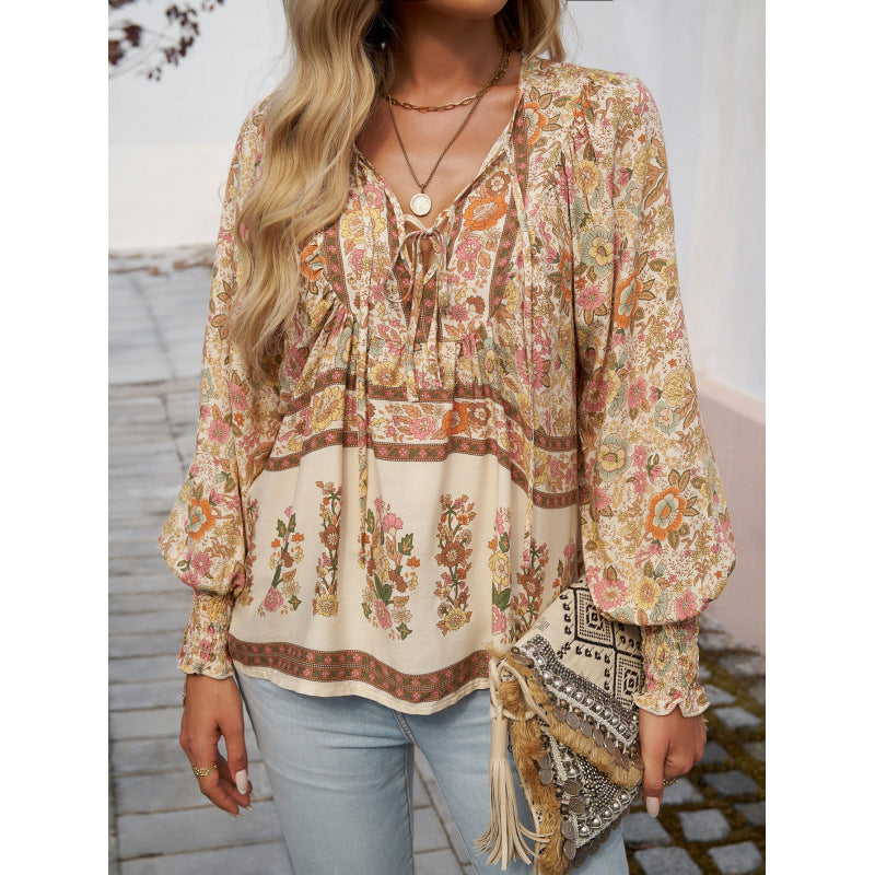 Women's Bohemian Vacation Style Printed Long Sleeve Tops