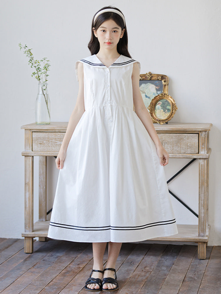 Children's Medium Large Dresses Summer Sailor Collar Skirt Artistic Children's Dress