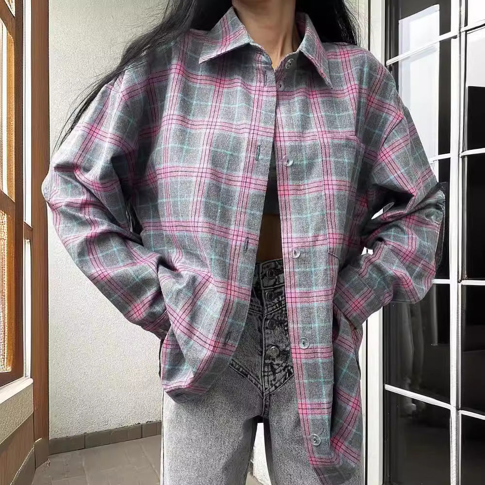 Women's Retro Easy Matching Lapel Loose Plaid Long-sleeved Blouse