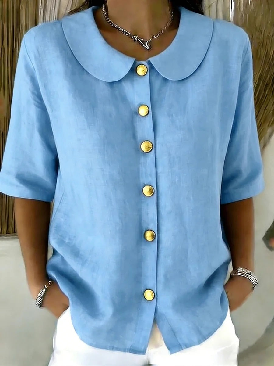 Women's Summer Elegant Fashion Button Linen Short-sleeved Blouse