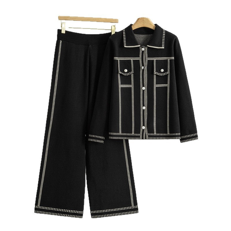 Women's Knitted Long Sleeve Plaid Loose Trousers Two-piece Fashion Casual Suit