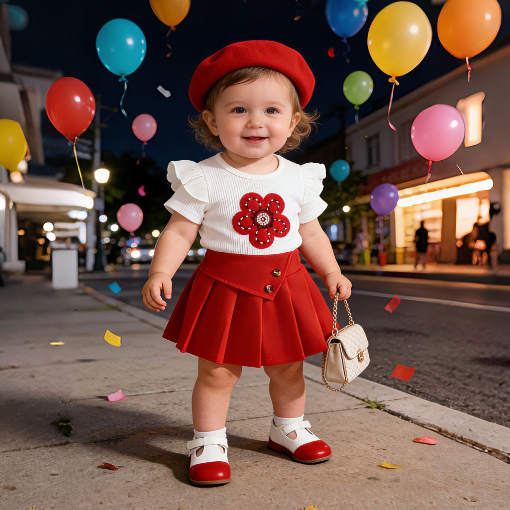 Summer Fashion Short-sleeved Shirt Pleated Skirt Beret Flower Button Children's Suit