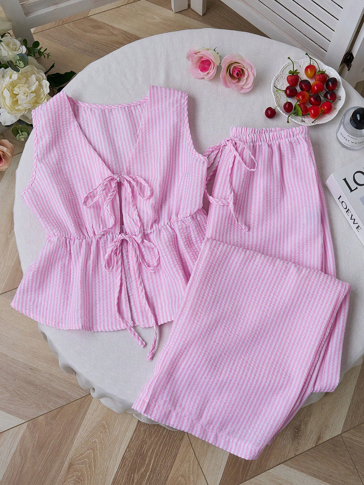 Color Striped Lace Up Wild Loose Trousers Fashion Casual Suit