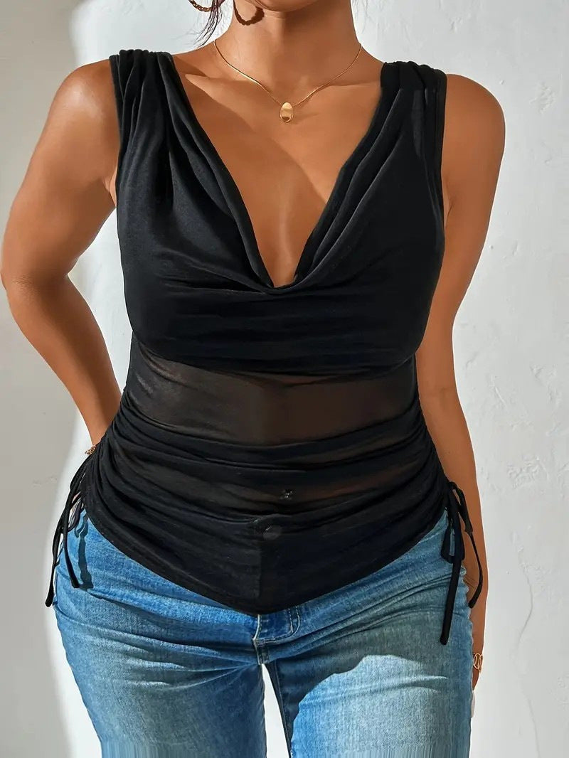 Fashionable Sexy Pile Collar Deep V Solid Color Drawstring Small Vest/suspenders/tube Top