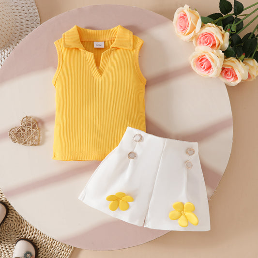 Sweet Toddler Sleeveless Lapel Open Chest Sunken Stripe Top Three-dimensional Children's Suit