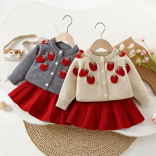 Children's Sweater Strawberry Knitted Skirt Korean Style Fashionable Long Sleeve Cardigan Children's Suit