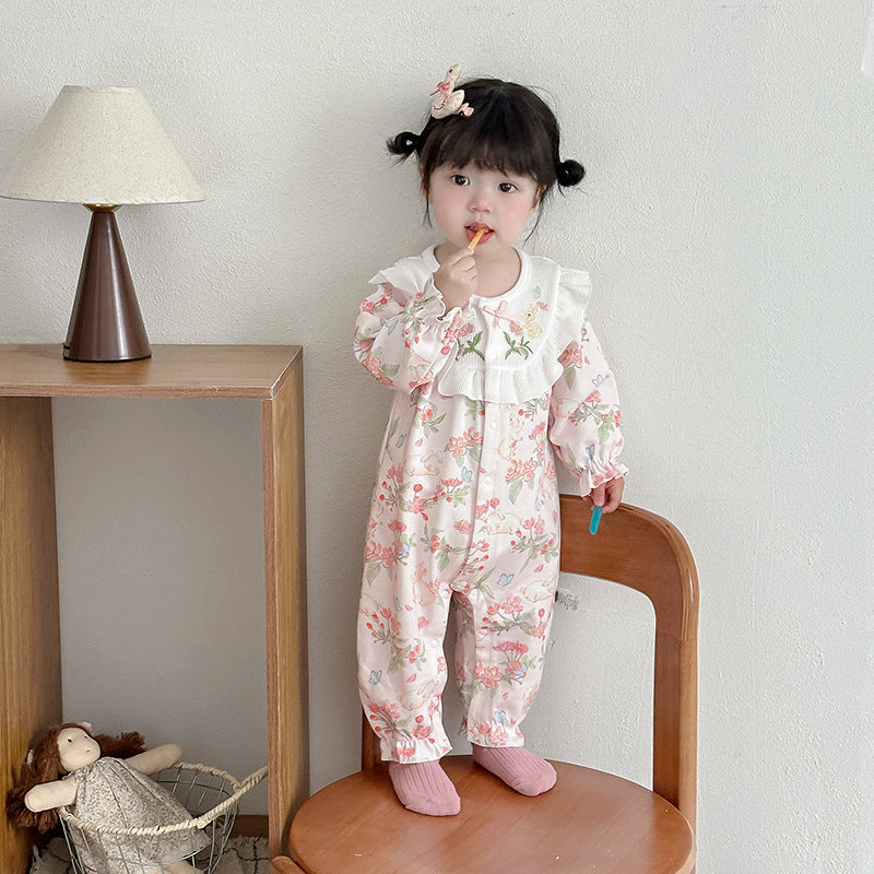 Autumn Floral Infant Rompers Embroidered Bunny Going Jumpsuit, Climbing Suit