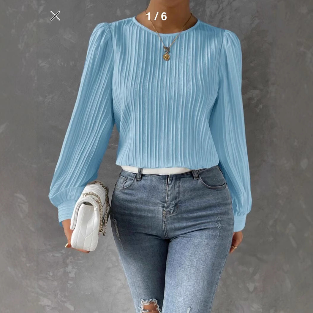 Spring Round Neck Lantern Sleeve Long Solid Color Blouses