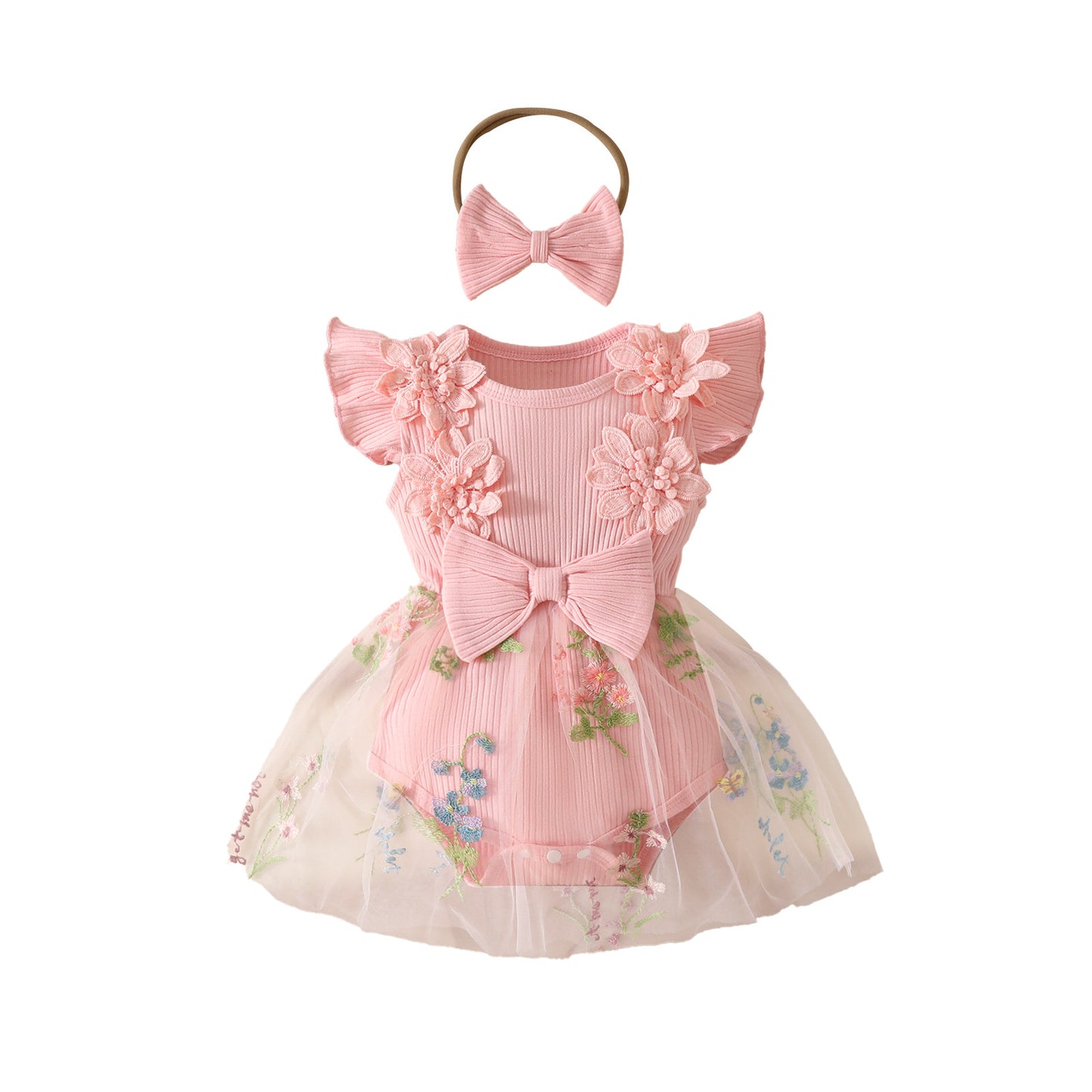 Flower Embroidery Mesh Princess Applique Sunken Stripe Children's Dress