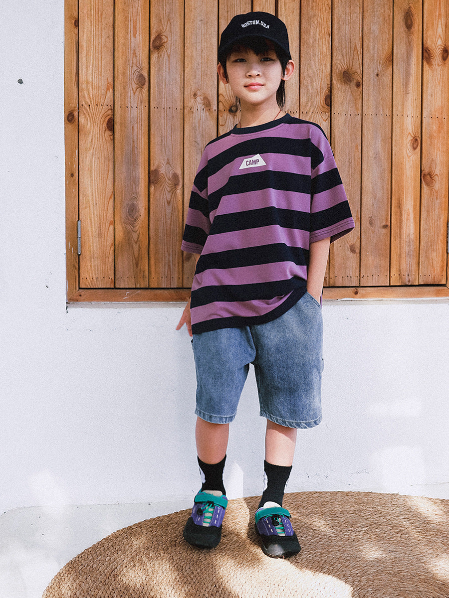 Children's Mountain Clothing Summer Boy's Short-sleeved Medium Large Striped Short Children's T-shirt