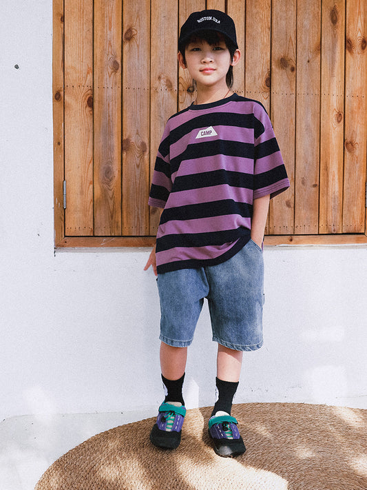 Children's Mountain Clothing Summer Boy's Short-sleeved Medium Large Striped Short Children's T-shirt