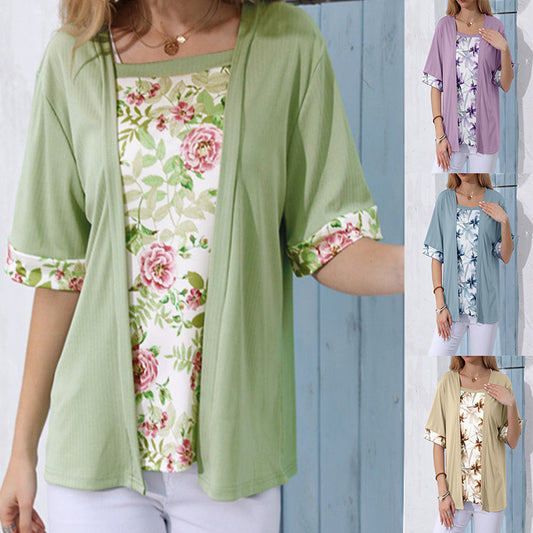 Women's Solid Color Printing Stitching Faux Two-piece Plus Size