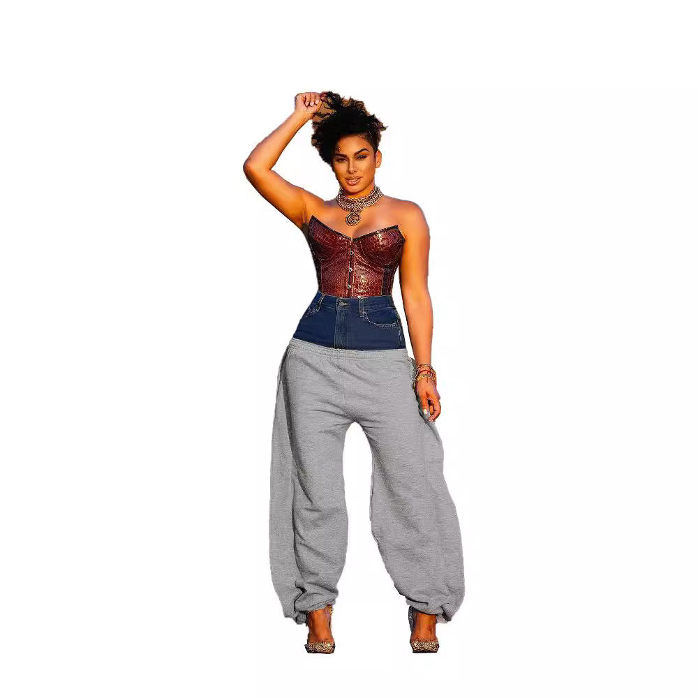 Stylish Women's Denim Knitted Stitching Long Casual Pants