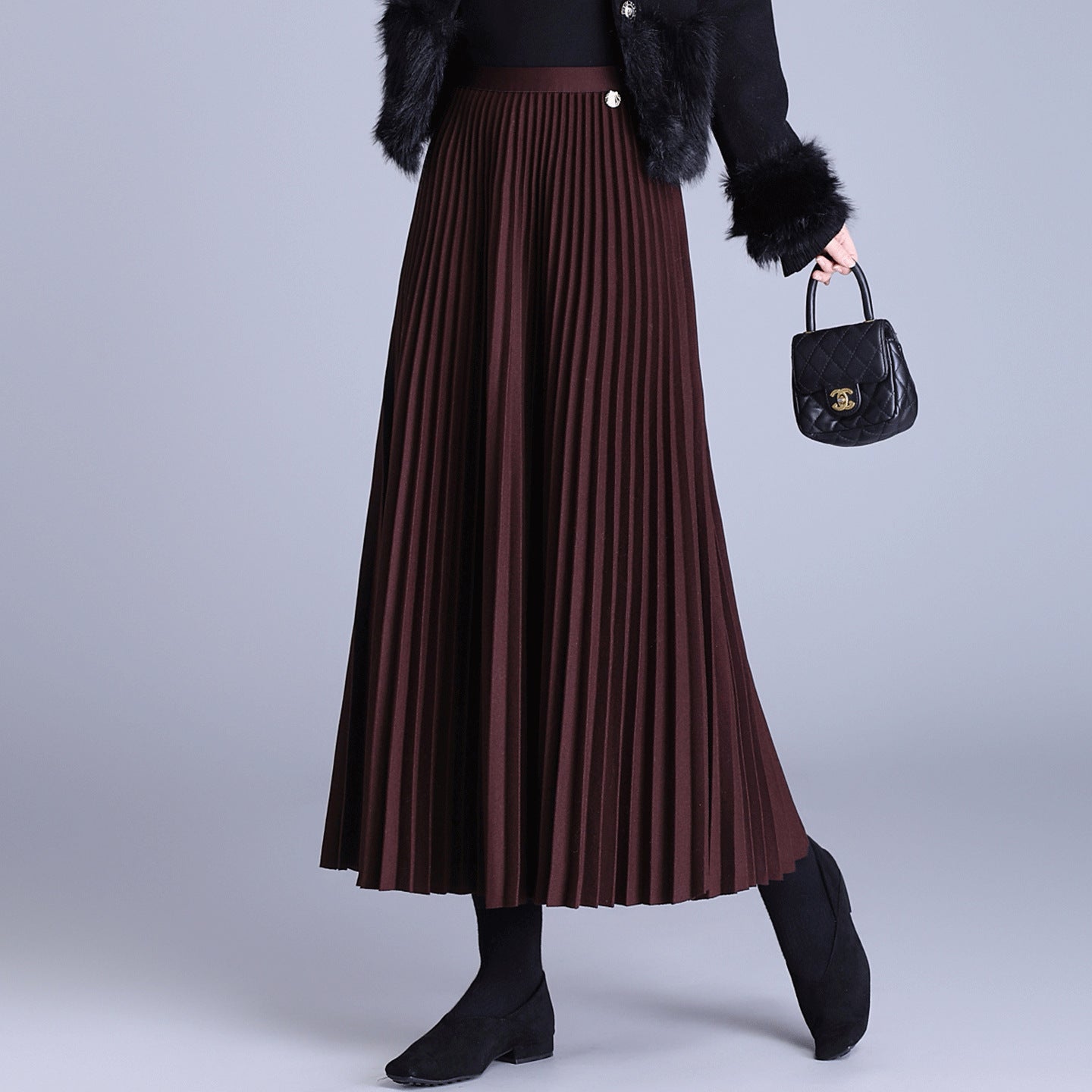 Thick Wool Pleated Female Dress High Waist Drape Elastic Skirts