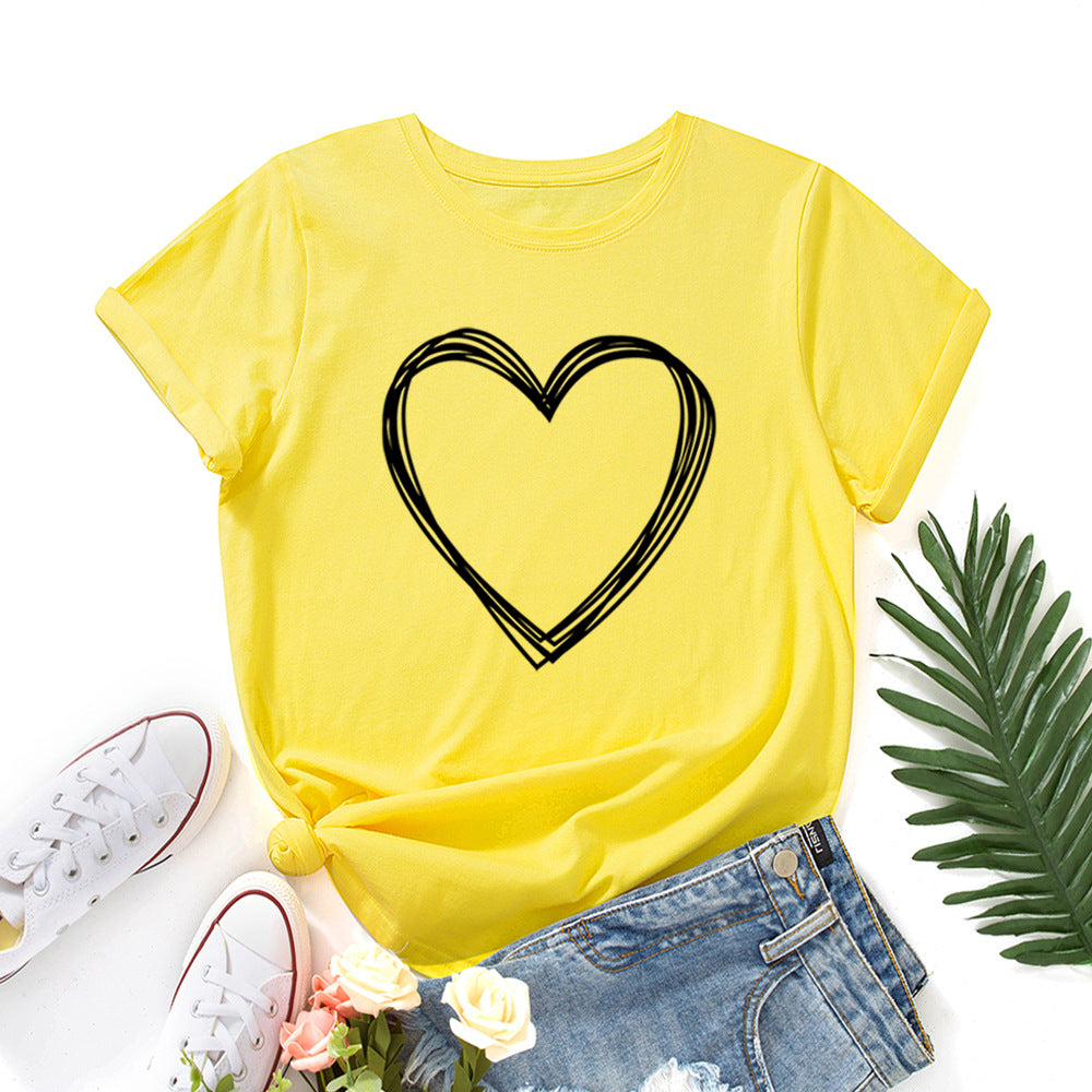 Women's Creative Heart Printed Loose Round Neck Women's T-shirt