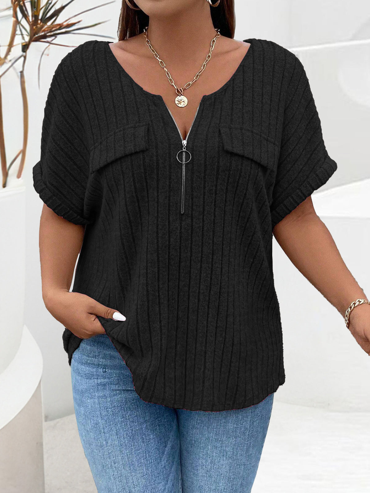 Women's Solid Color Clothes Zipper Sleeve Faux Pocket Pullover Tops