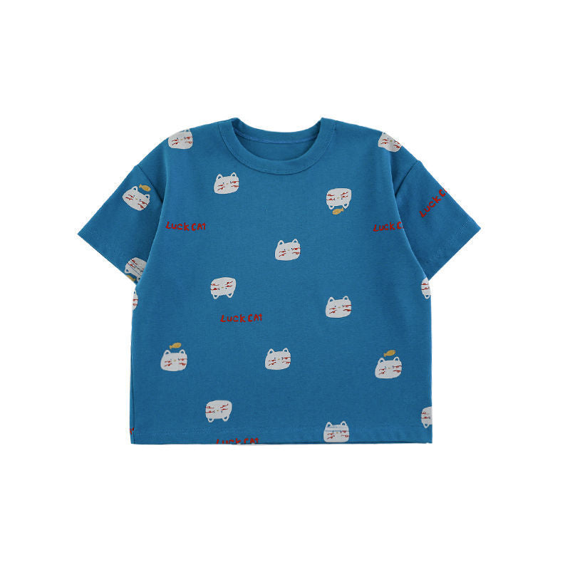 Cat Printing Short-sleeved Contrast Color Loose Shirt Cool Shorts Series Children's T-shirt