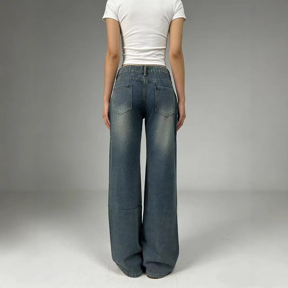 Women's Retro Washed Pleated Cat Beard Loose Jeans