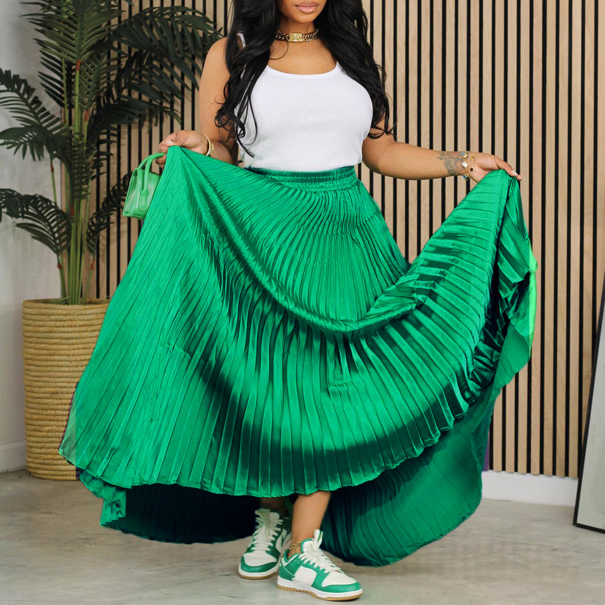 Women's Waist Pleated Wide Hem Long Dress Skirt