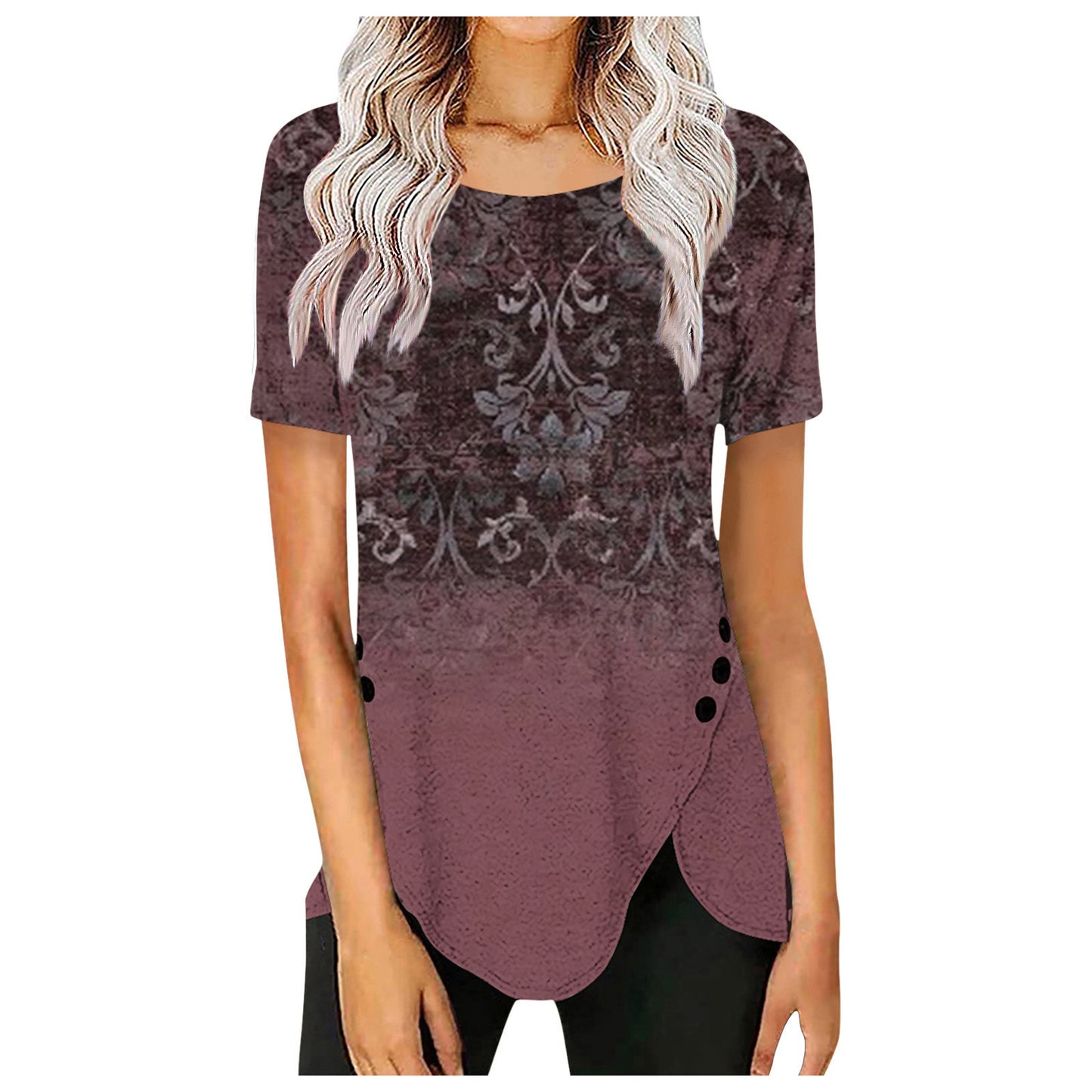 Women's Retro Button Gradient Printing Round Neck Shorts