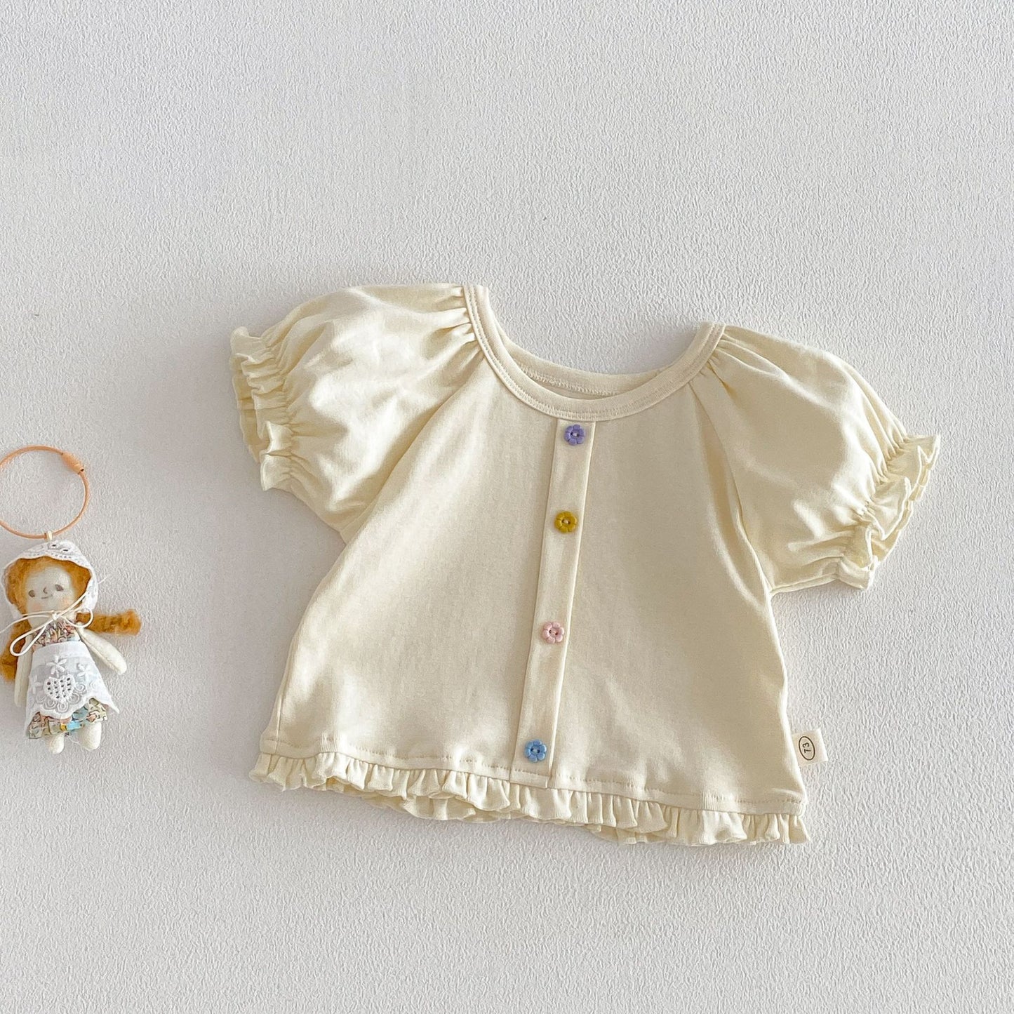 Children's Buckle Summer Clothes Thin Fashionable Korean Style Puff Children's T-shirt