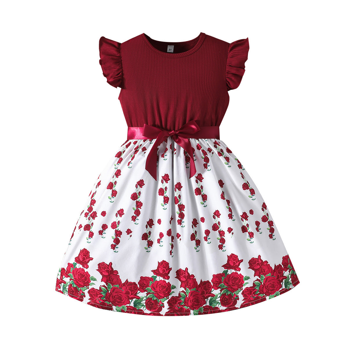 Summer Rose Printed Skirt Round Neck Children's Dress
