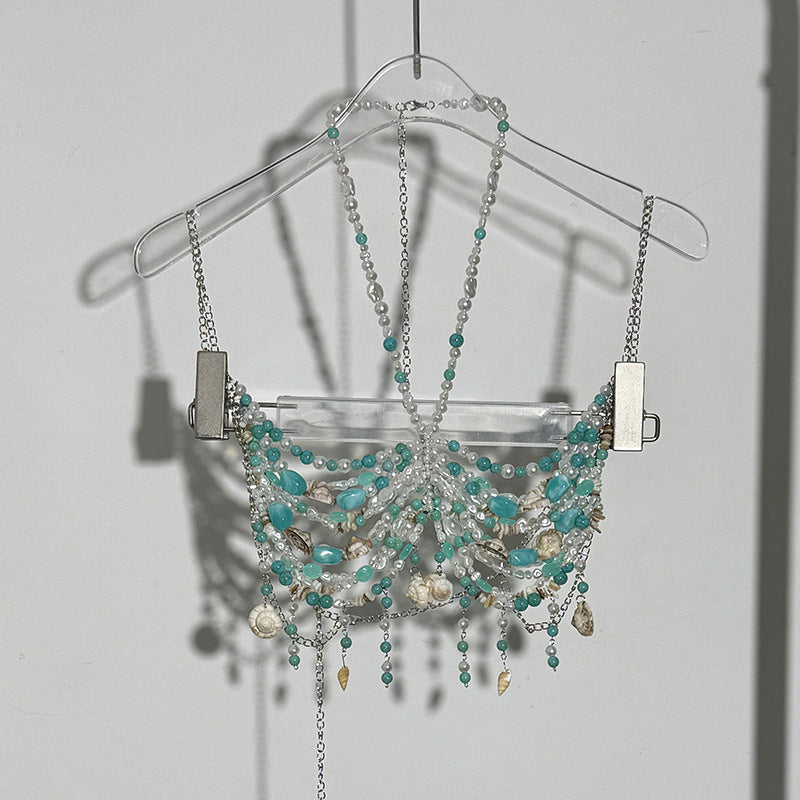 Fashion Beaded Halter Cut-out Gem Pearl Shell Backless Underwaist Sexy Tops