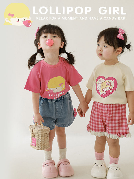 Plaid Summer Cartoon Love Short Sleeve Children's T-shirt