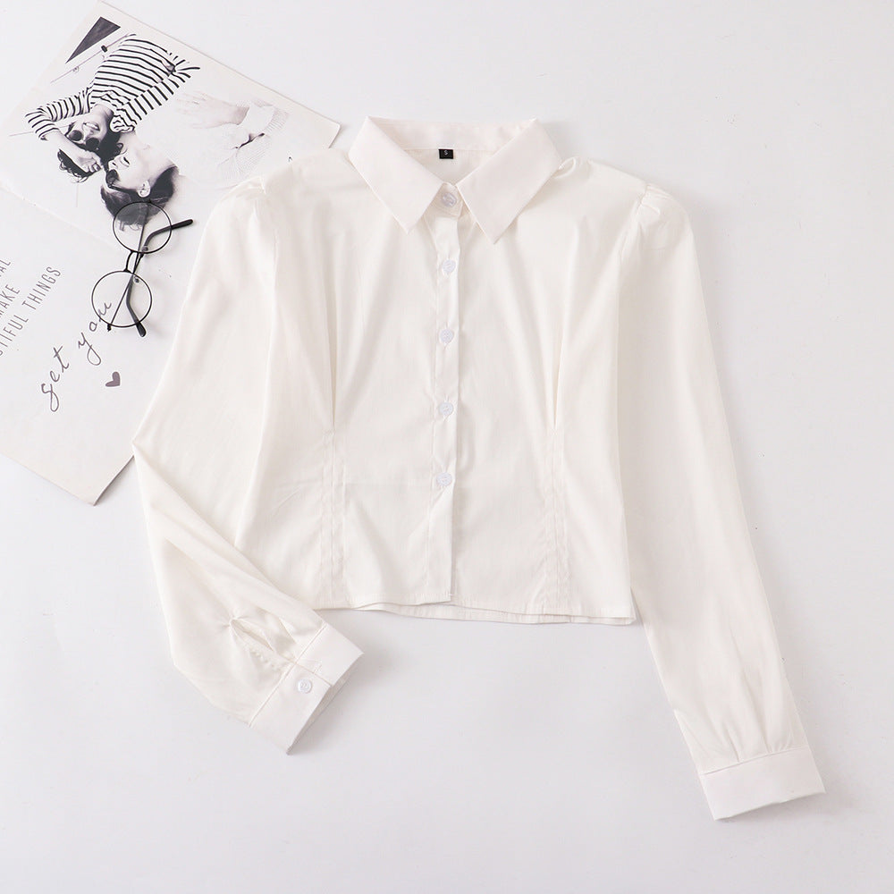 Women's Korean Elastic Puff Sleeve Pink Waist Trimming Shirt Hip Blouse
