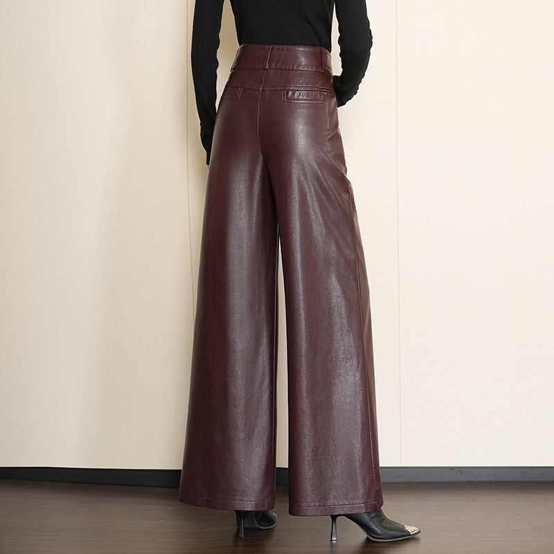 Women's Waist Wide Leg Sheep Leather Loose Trousers Pants