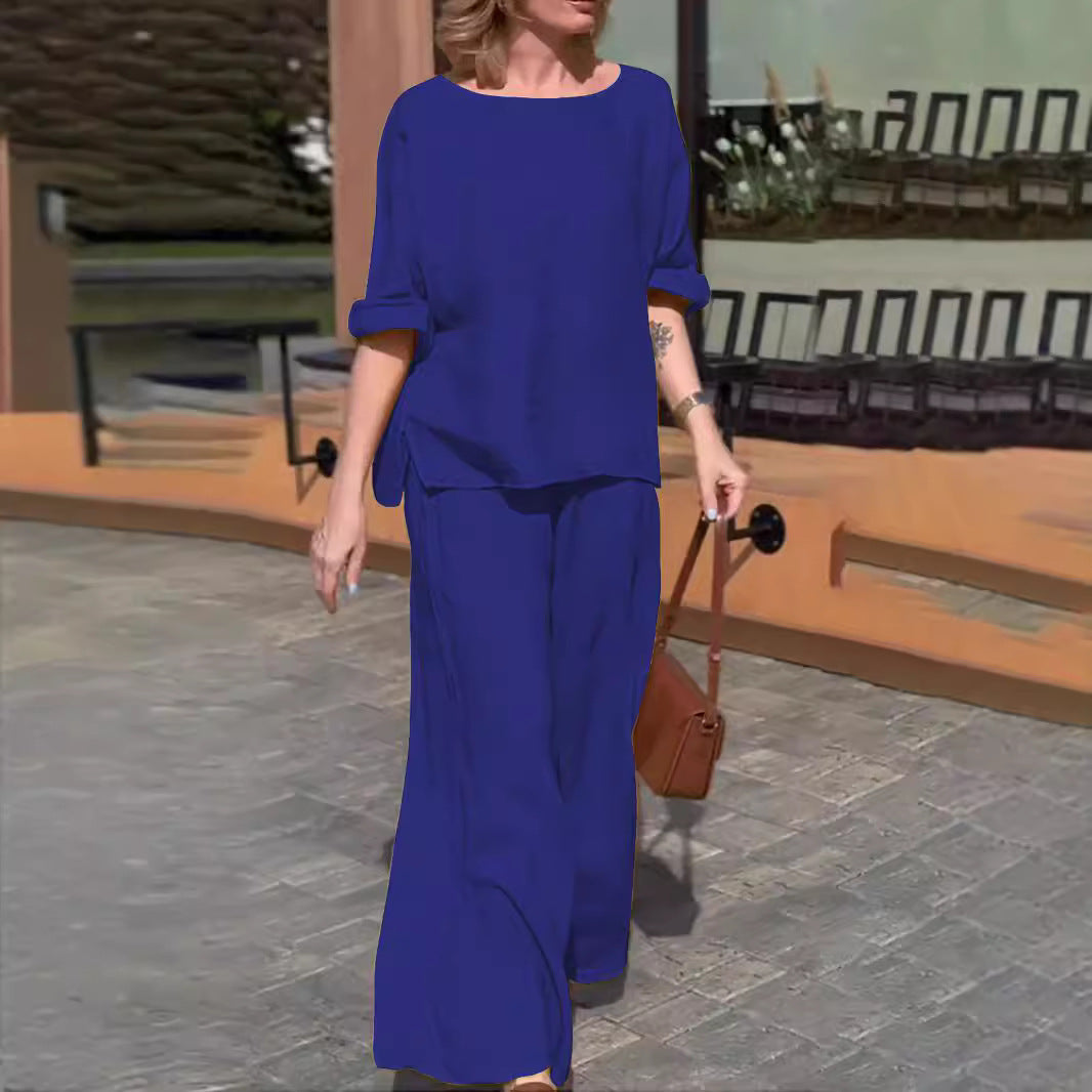 Women's Cotton Linen Solid Color Loose Trousers Suits