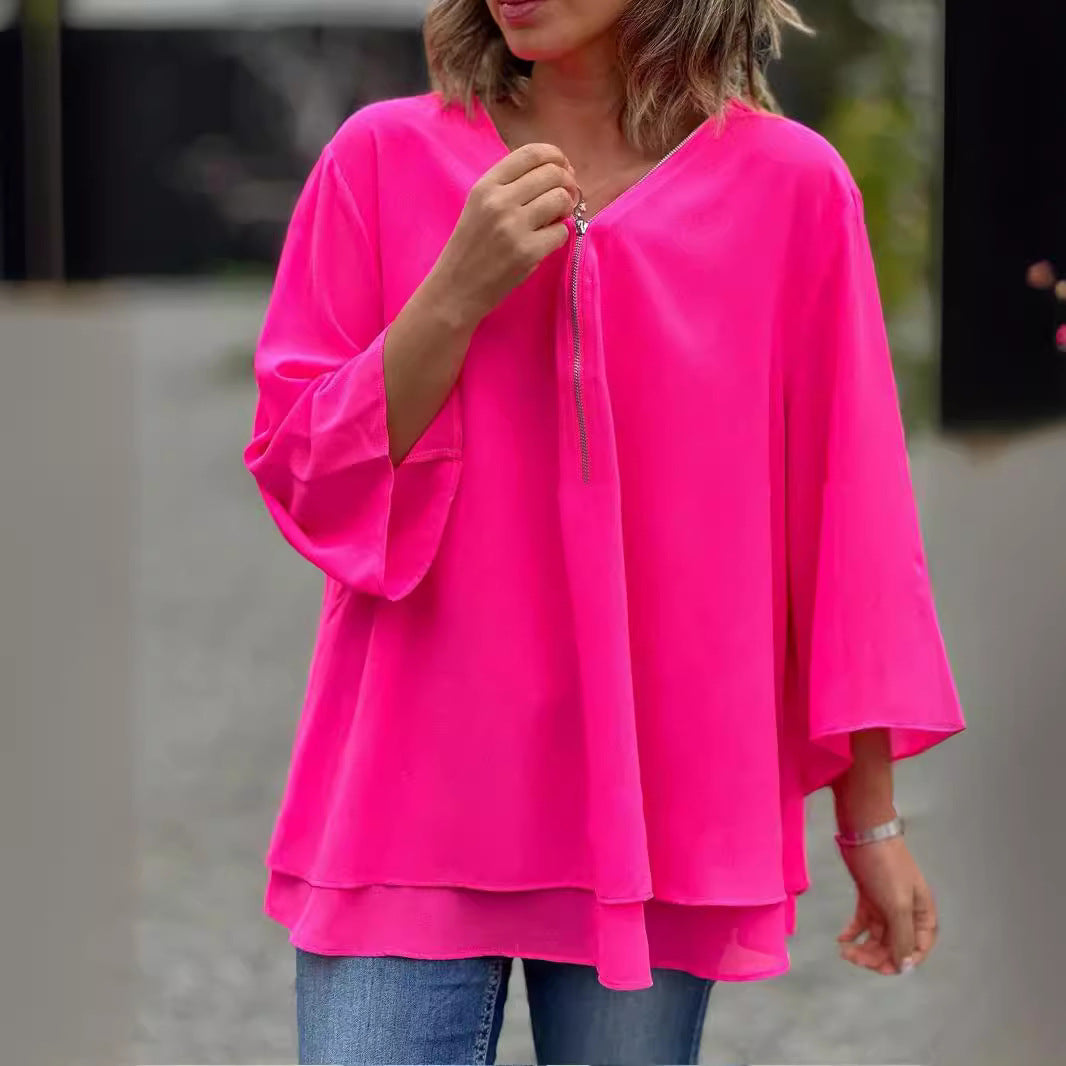 Classy Sleeves Casual Metal Zipper Loose Lace Shirt, Chiffon Shirt