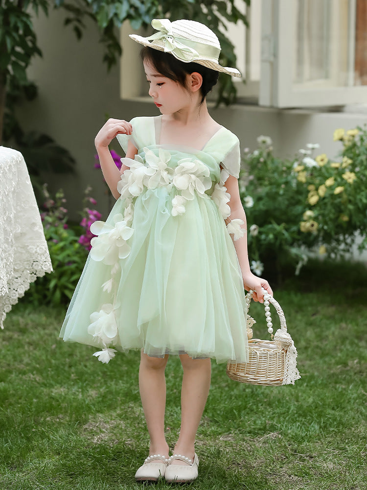 Children's Birthday Green Mesh Flower Day Performance Children's Dress