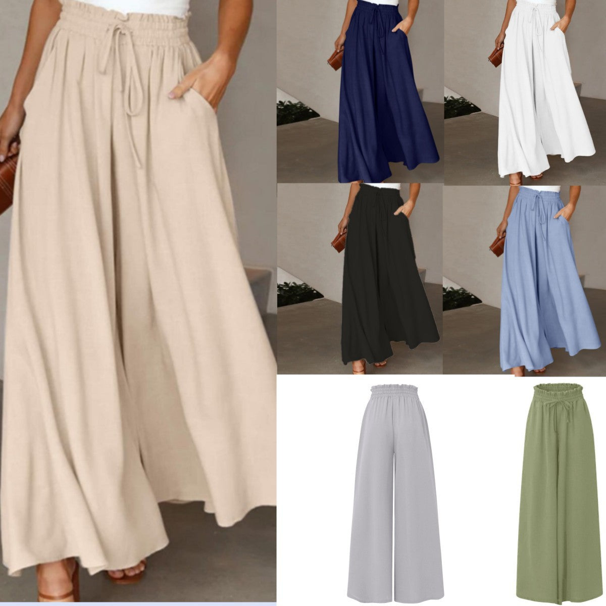 Women's Summer Elastic Waistband Wide Leg High Waist Long Culottes Casual Pants