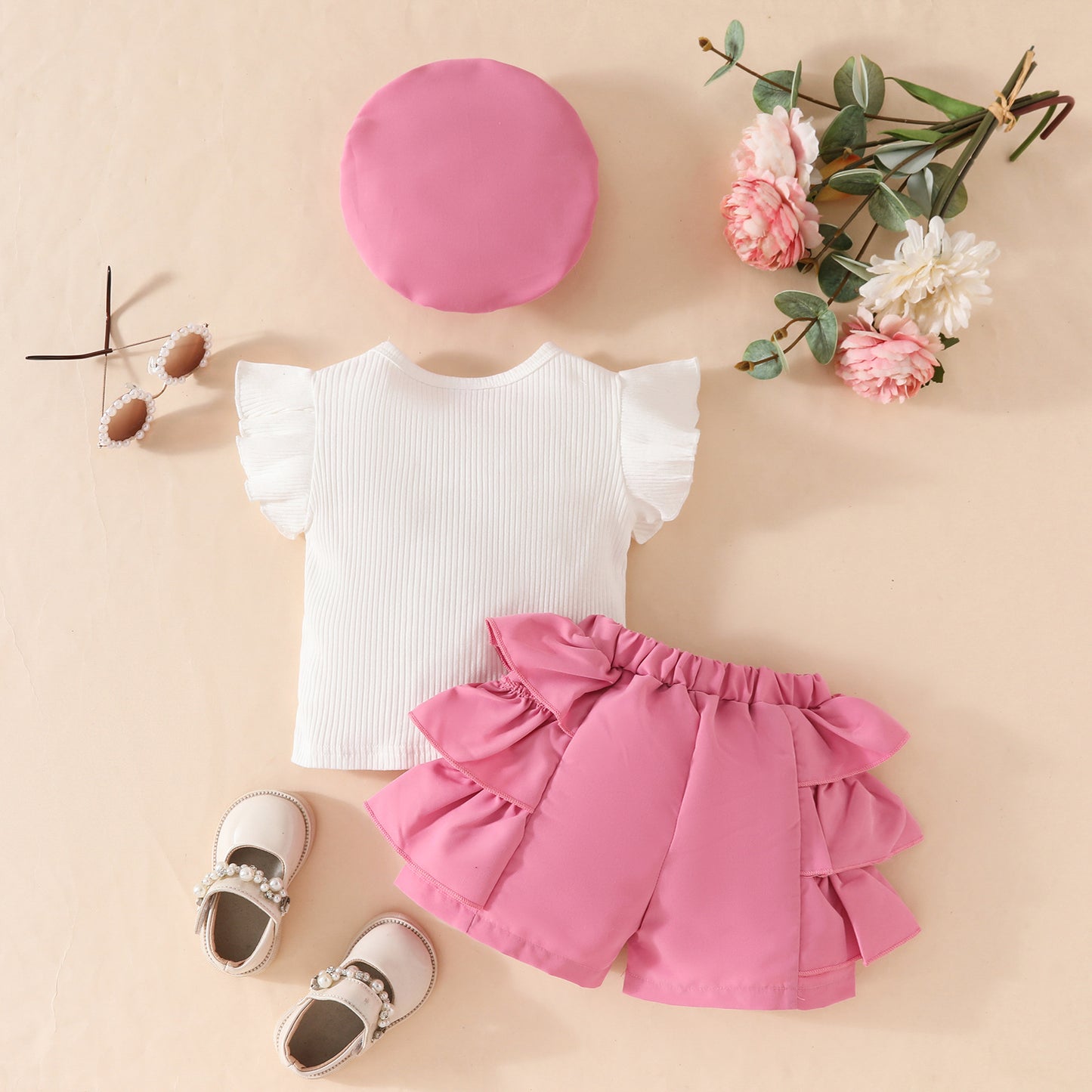 Big Bow Sleeveless Sunken Stripe Top Lace Shorts Beret Children's Suit