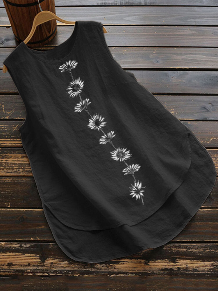 Women's Summer Daisy Print Sleeveless Round Neck Cotton Linen Small Vest/suspenders/tube Top