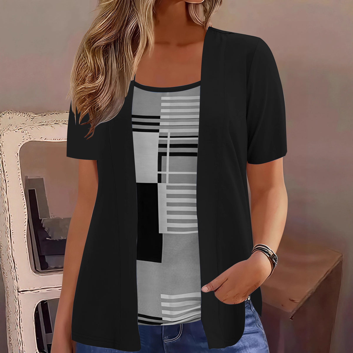 Women's Fashion Stitching Fake Two-piece Design Clothing