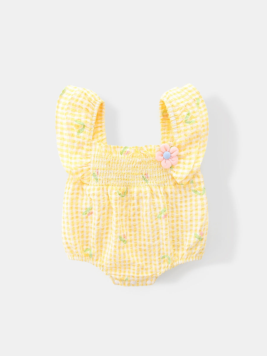 Give Birth Thin Bodysuit Plaid Triangle Rompers Flounced Sleeve Jumpsuit, Climbing Suit