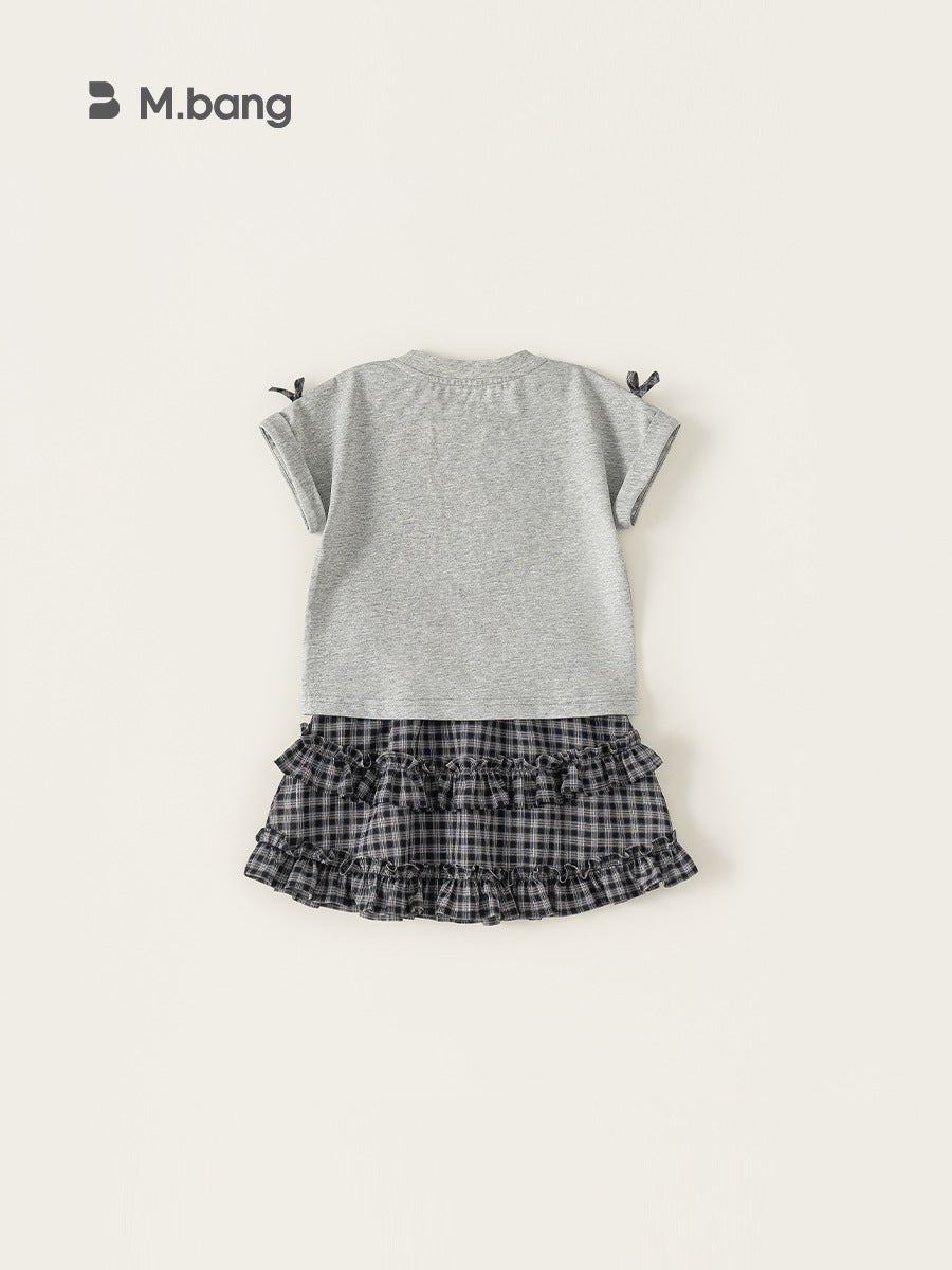 Children's Clothing Bow Cute Short Sleeve Plaid Lace Children's Suit