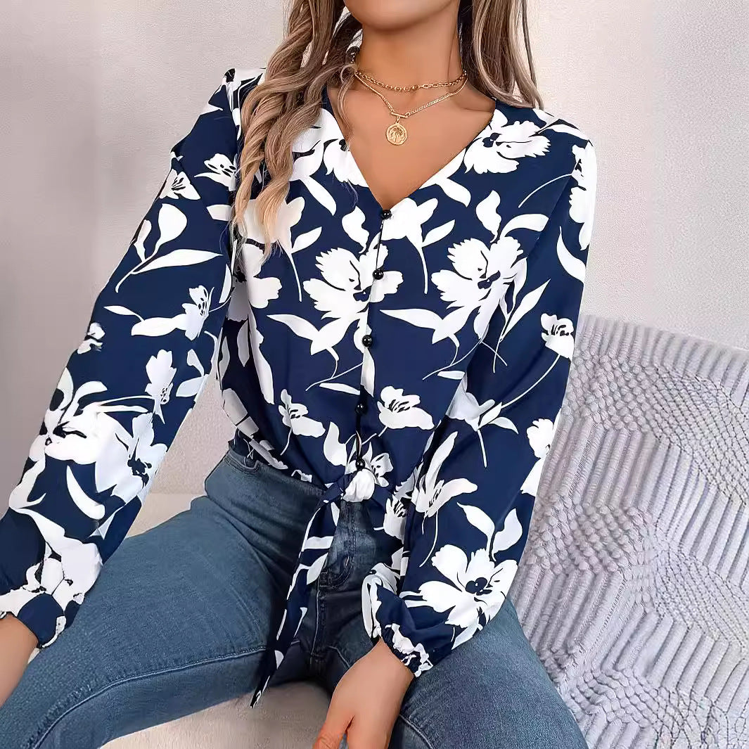 Women's Casual Contrast Color Flower Lantern Sleeve Lace Shirt, Chiffon Shirt