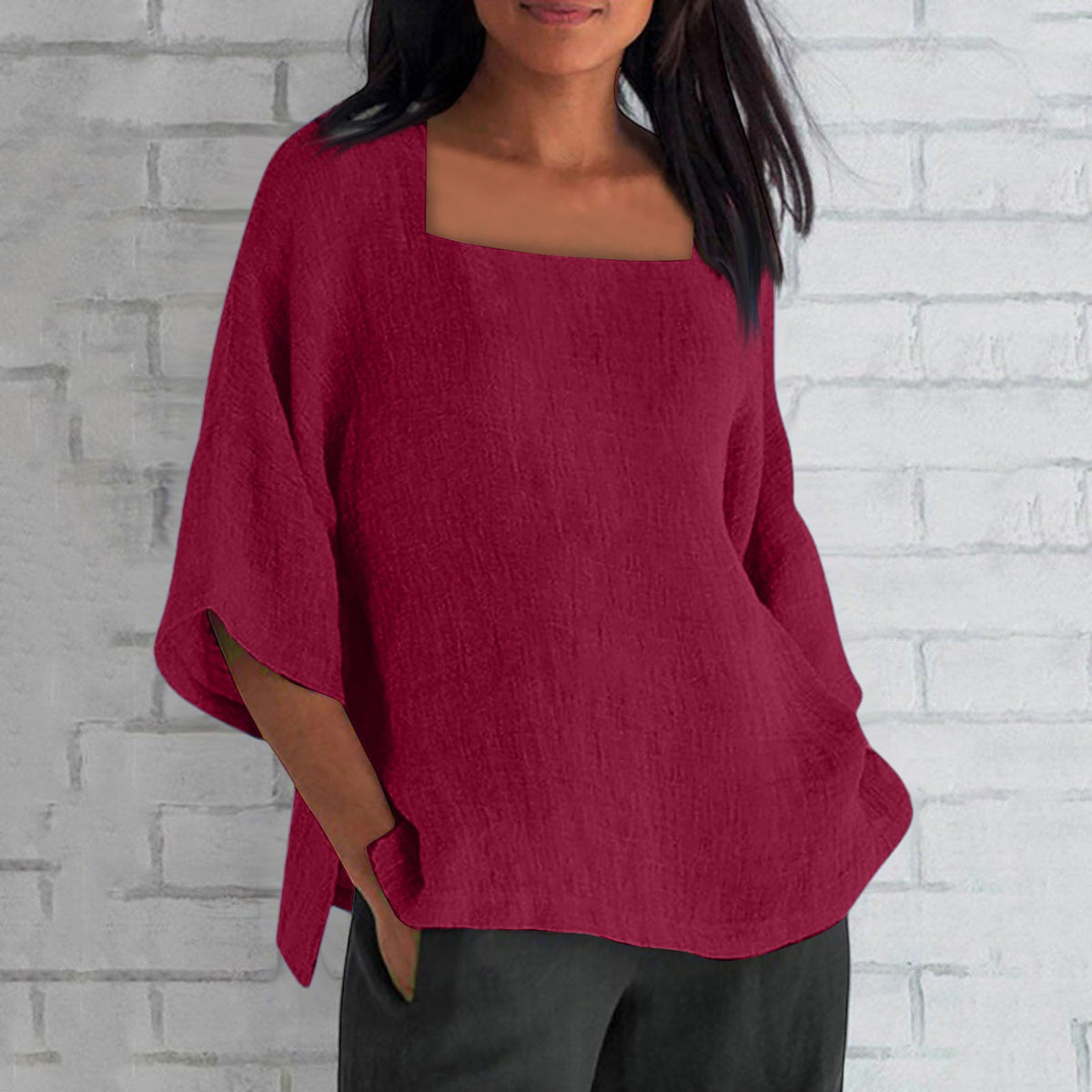 Women's Three-quarter Sleeve Square Collar Cotton Linen Blouse