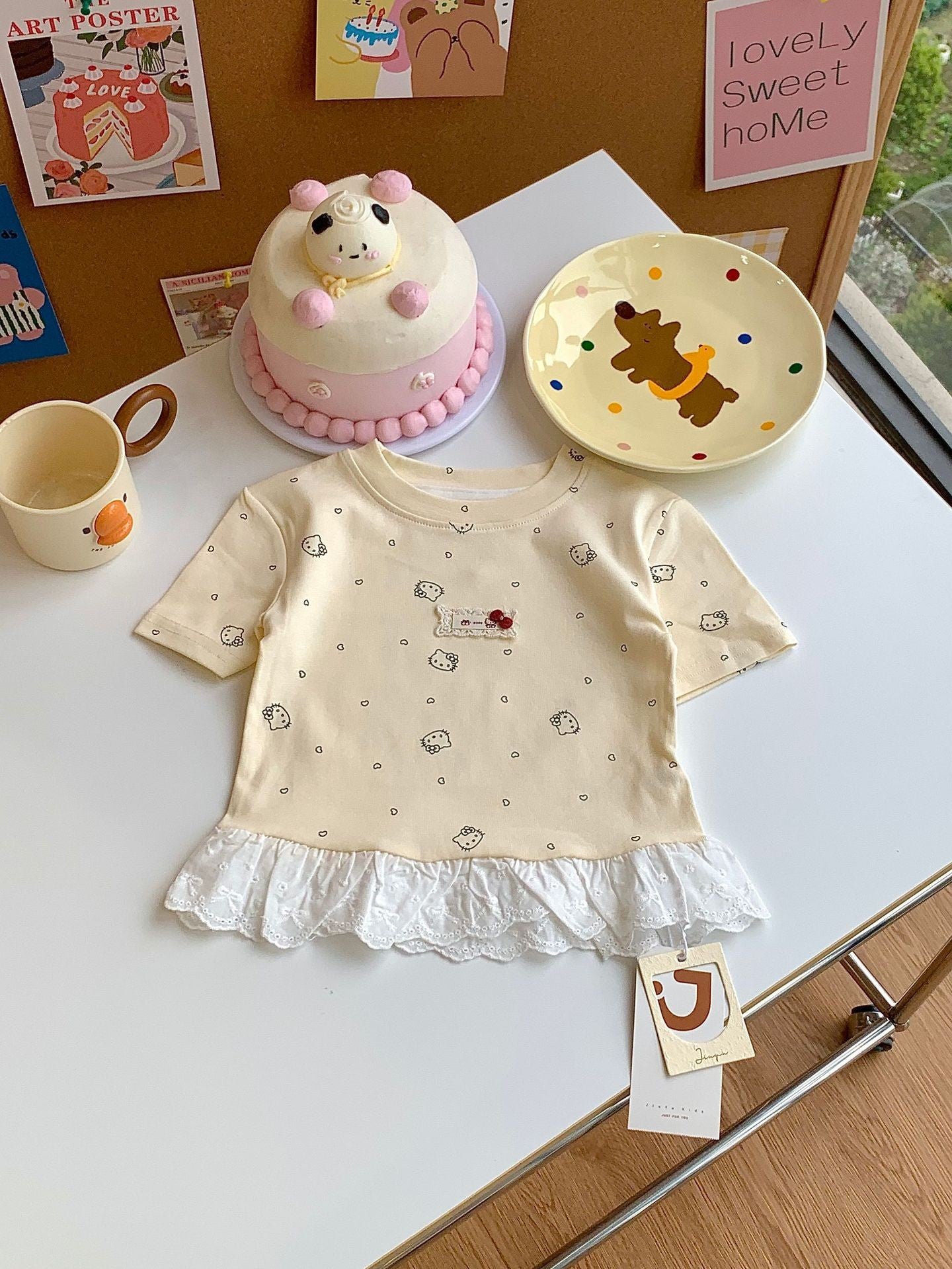Summer Korean Style Fashionable Floral Stitching Lace Short Sleeve Children's T-shirt