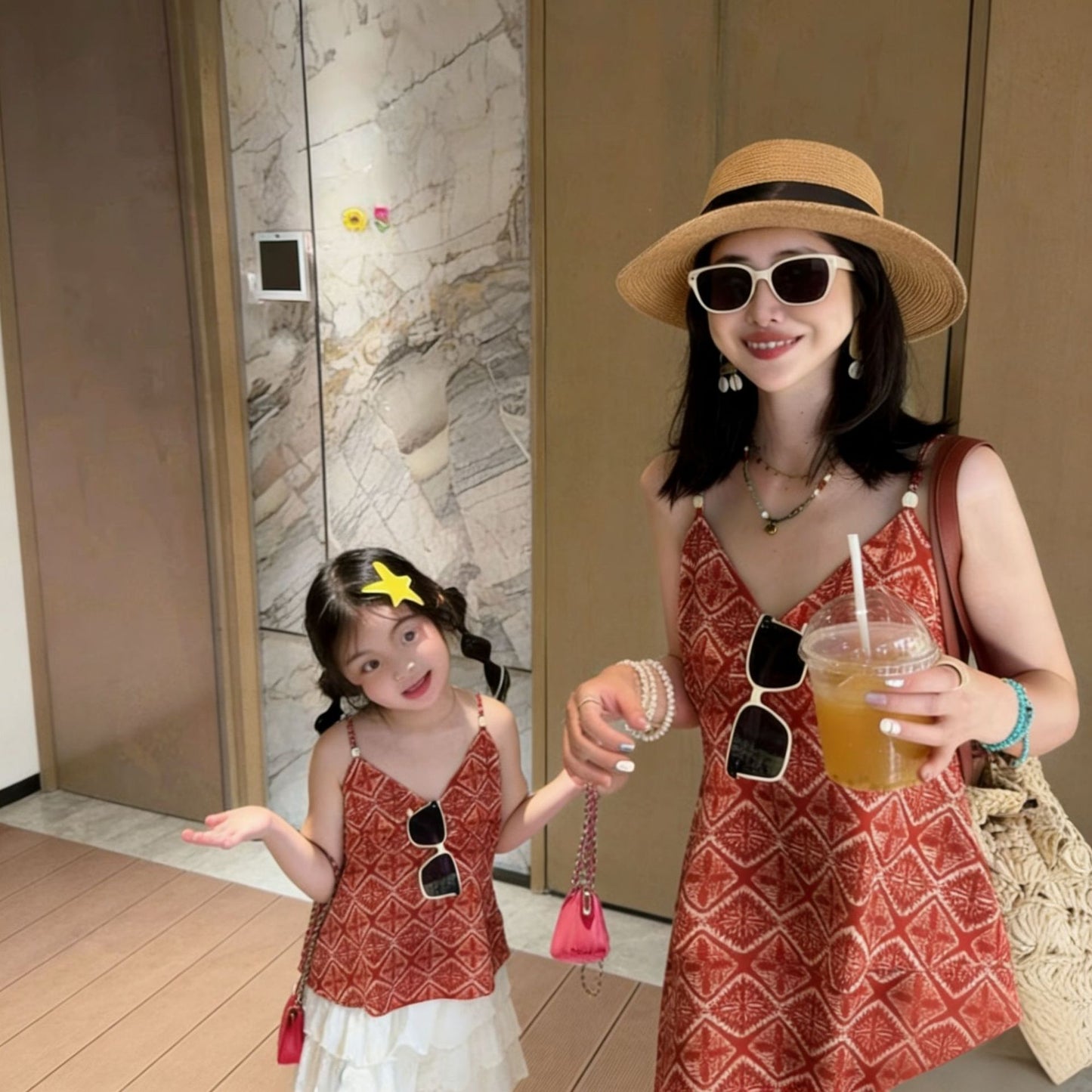 Suit Family Of Three Red Small Floral Shirt Dress Seaside Parent-child Outfit
