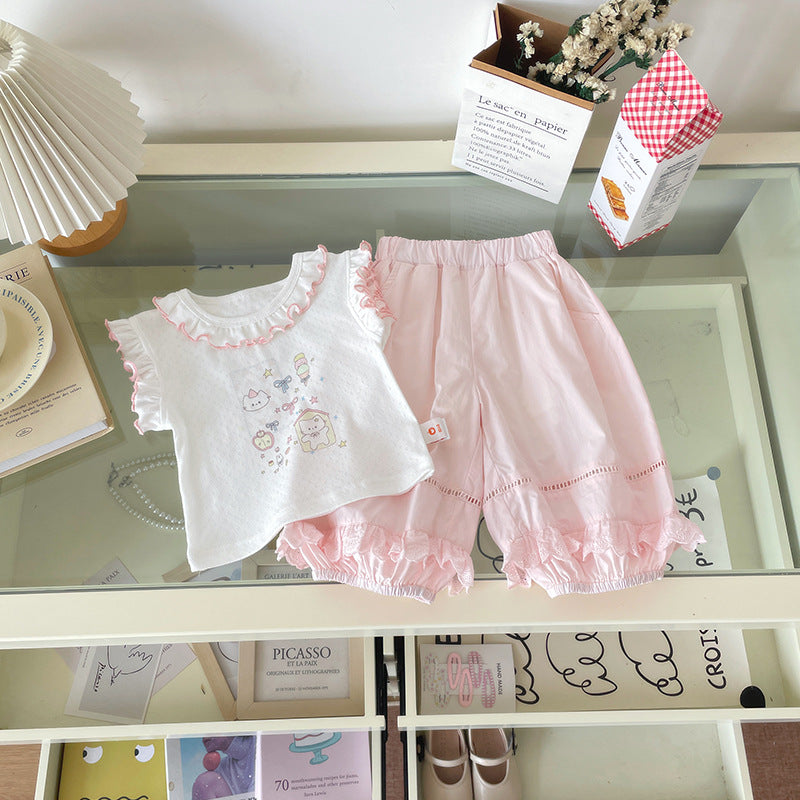 Fungus Flounced Sleeve Cartoon Vest Lace Edge Children's Suit