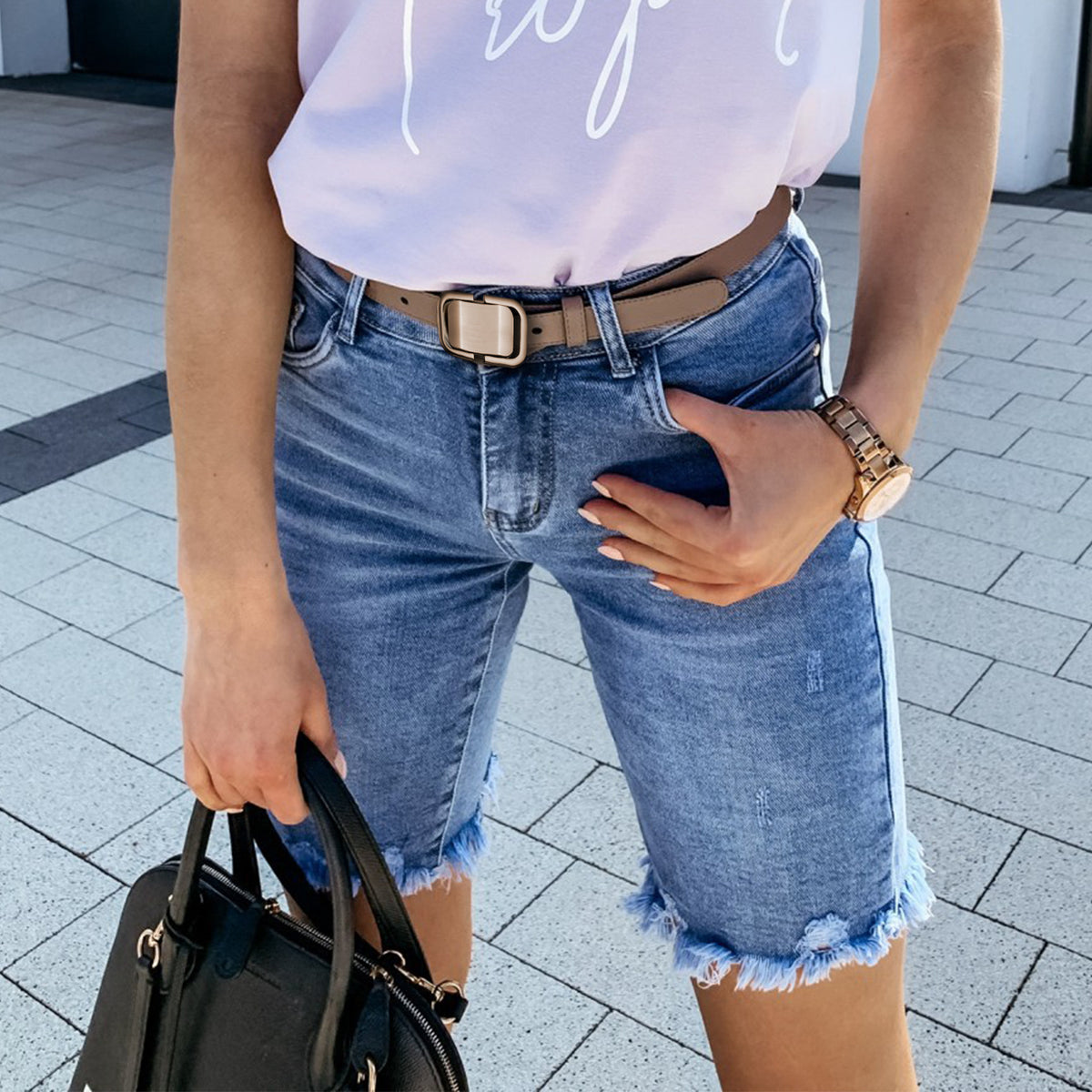 Women's Summer Denim With Hole Fifth Fashionable Frayed Hem Women's Jeans