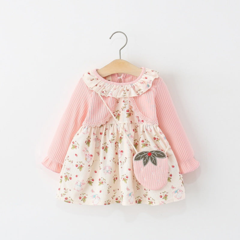 Children's Clothing Long-sleeved Floral Fake Two Pieces Children's Dress