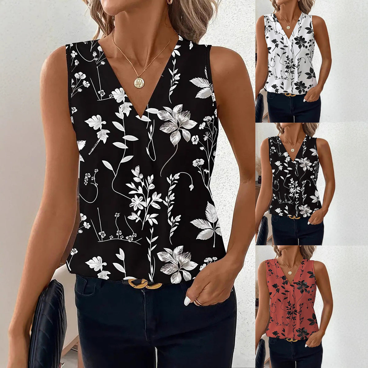 Women's Woven Fabric Pullover Floral Printed Vests