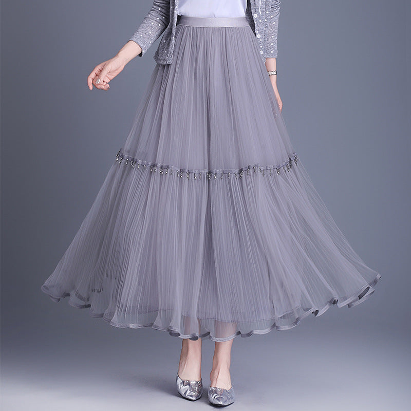 Women's Gauze High Waist Slimming A- Line Beaded Pleated Mesh Mid-length Skirts